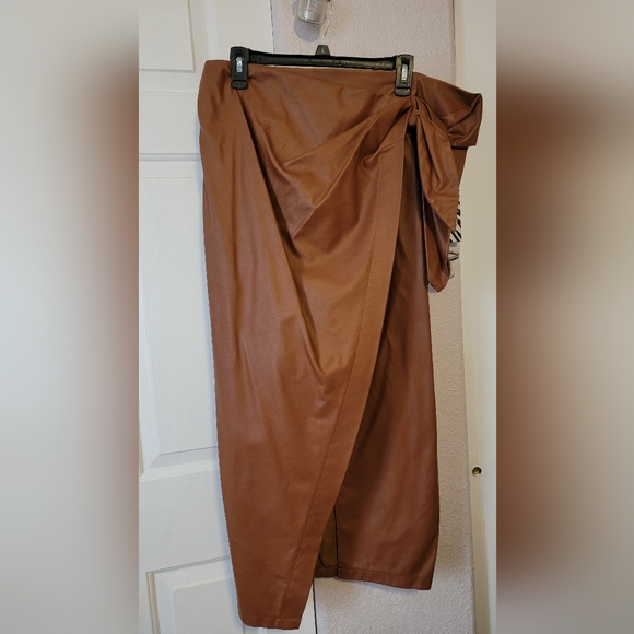 Faux Leather Long Brown Wrap Skirt - Picture 2 of 10
